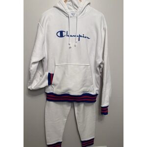 Champion ReverseWeave Jogger Set Hoodie Mens White Striped Cuff Retro Lounge M